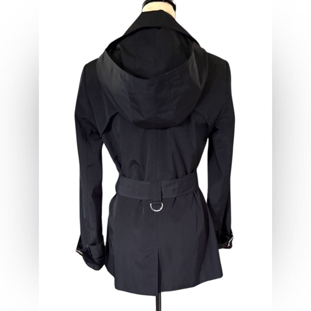 Calvin Klein-Classy black trench coat. Size small. Silver details/Hood. Like new - Picture 9 of 16